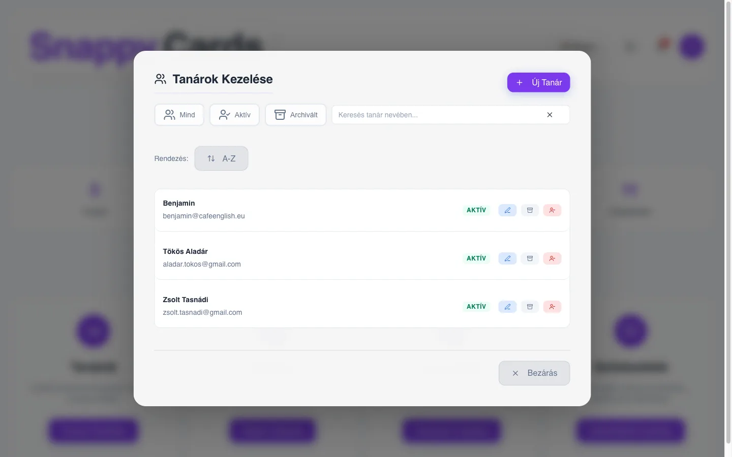 Tantestület-kezelés az admin irányítópulton