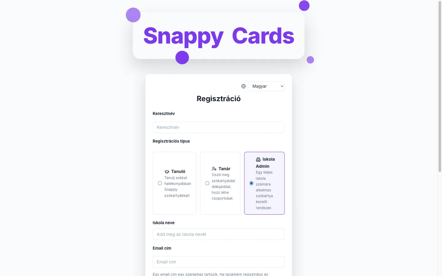 Iskola regisztrálása a SnappyCards-ban